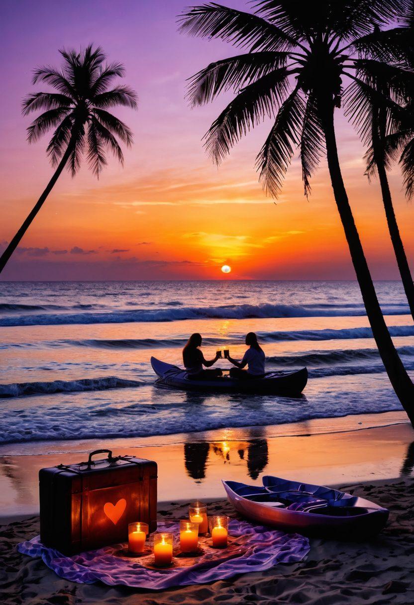 A romantic sunset over a secluded beach with a cozy picnic setup, featuring a bottle of wine, two glasses, and a heart-shaped cake. The couple is embracing, silhouetted against vibrant hues of orange and purple in the sky. Palm trees are gently swaying in the breeze with soft waves lapping at the shore. Elements of adventure like a kayak or bikes in the background. super-realistic. vibrant colors. dreamy atmosphere.