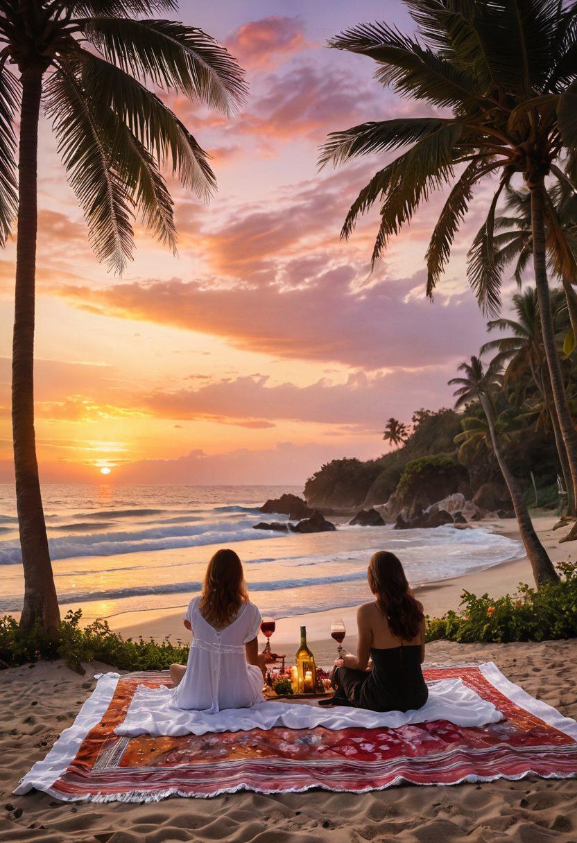 A romantic sunset view overlooking a serene beach with a couple holding hands, surrounded by vibrant tropical flowers. Soft waves lapping at the shore, with a cozy picnic setup featuring a stylish blanket and a bottle of wine. In the background, exotic trees frame the scene, enhancing the dreamy, wanderlust atmosphere. soft focus. super-realistic. vibrant colors. dreamy haze.