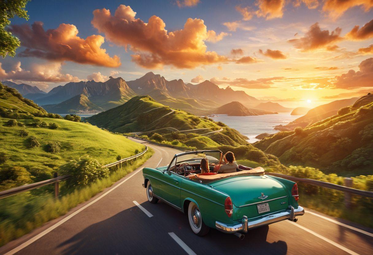 A scenic landscape featuring a couple in a convertible car driving along a winding road, surrounded by lush green hills and a sunset sky. In the foreground, vibrant travel elements like a map and a camera, hinting at adventures ahead. In the background, glimpses of diverse exotic locations like a beach and mountains. super-realistic. vibrant colors. 3D.